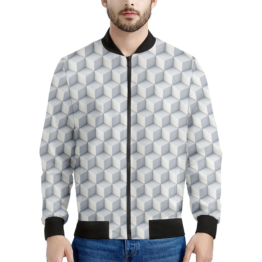 White Geometric Cube Shape Pattern Print Men's Bomber Jacket