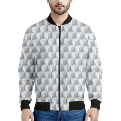 White Geometric Cube Shape Pattern Print Men's Bomber Jacket