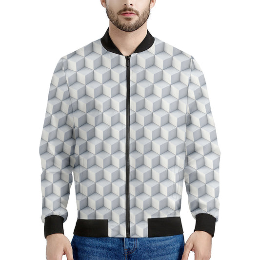 White Geometric Cube Shape Pattern Print Men's Bomber Jacket