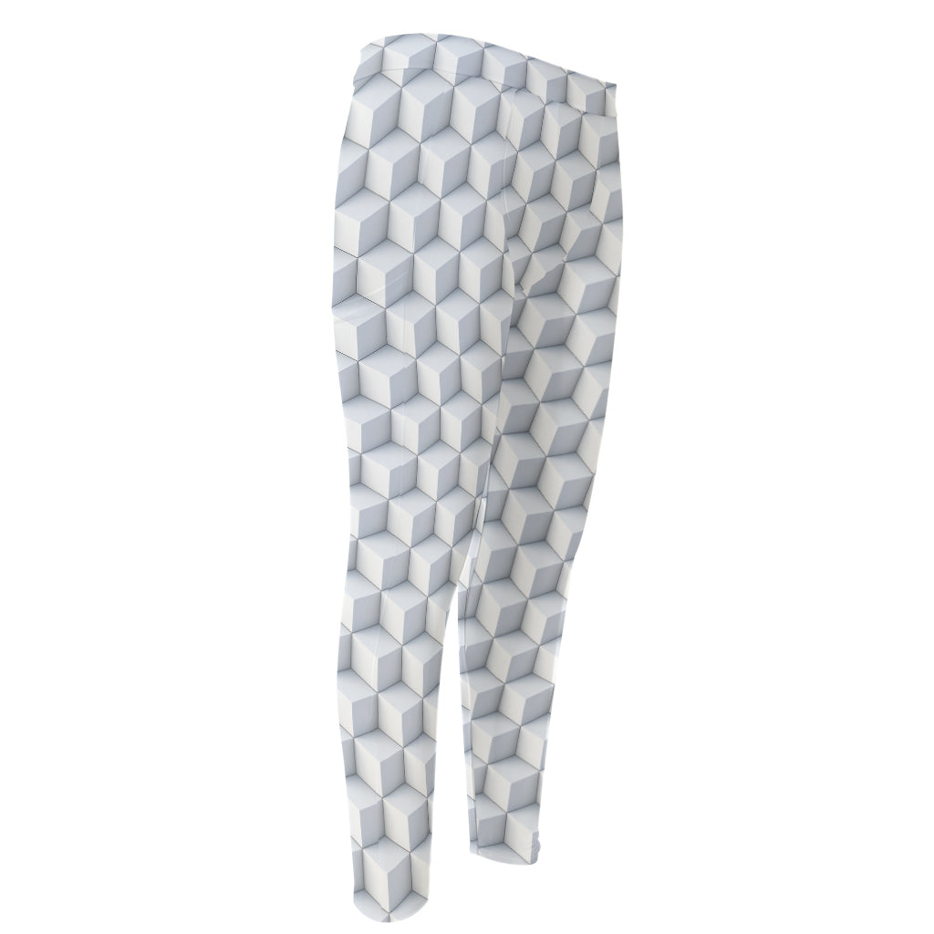 White Geometric Cube Shape Pattern Print Men's Compression Pants