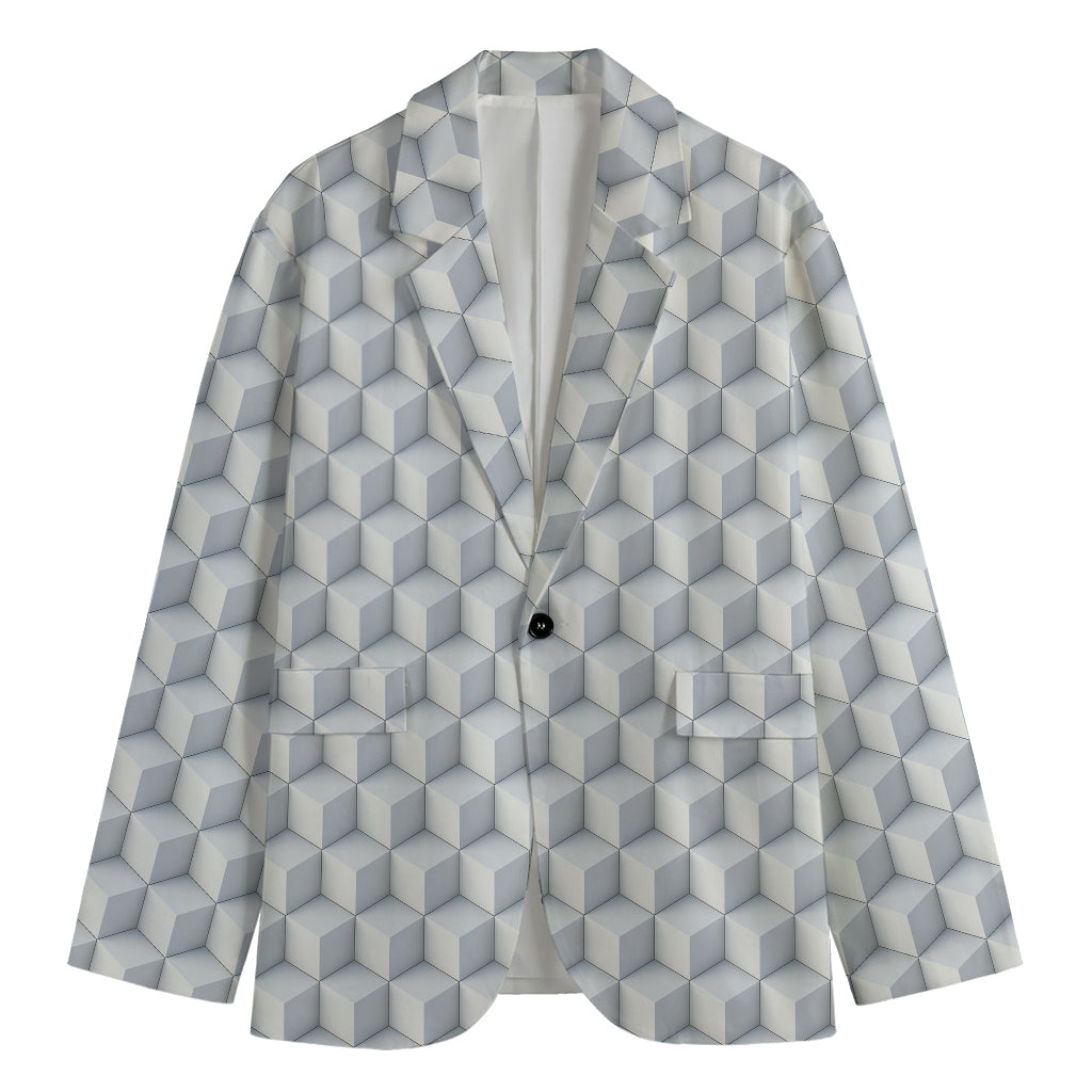 White Geometric Cube Shape Pattern Print Men's Cotton Blazer