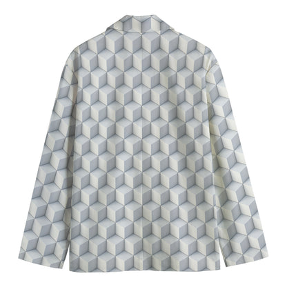 White Geometric Cube Shape Pattern Print Men's Cotton Blazer