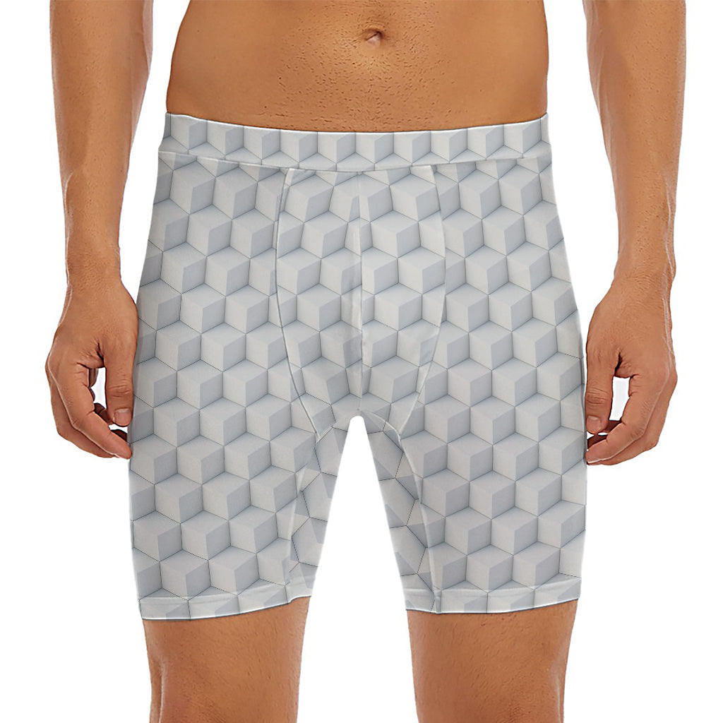 White Geometric Cube Shape Pattern Print Men's Long Boxer Briefs
