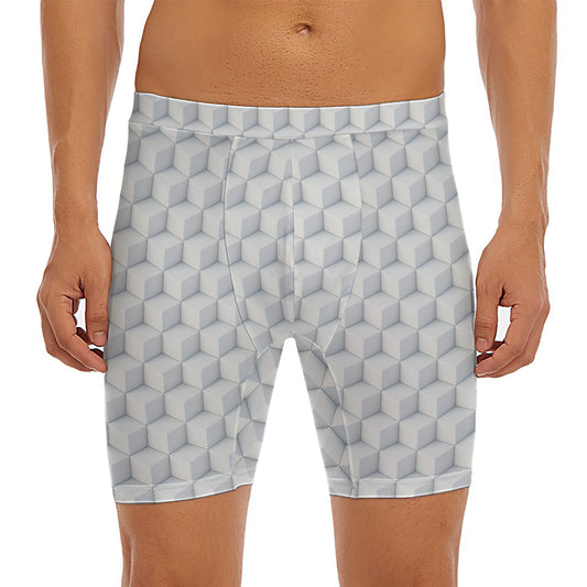 White Geometric Cube Shape Pattern Print Men's Long Boxer Briefs