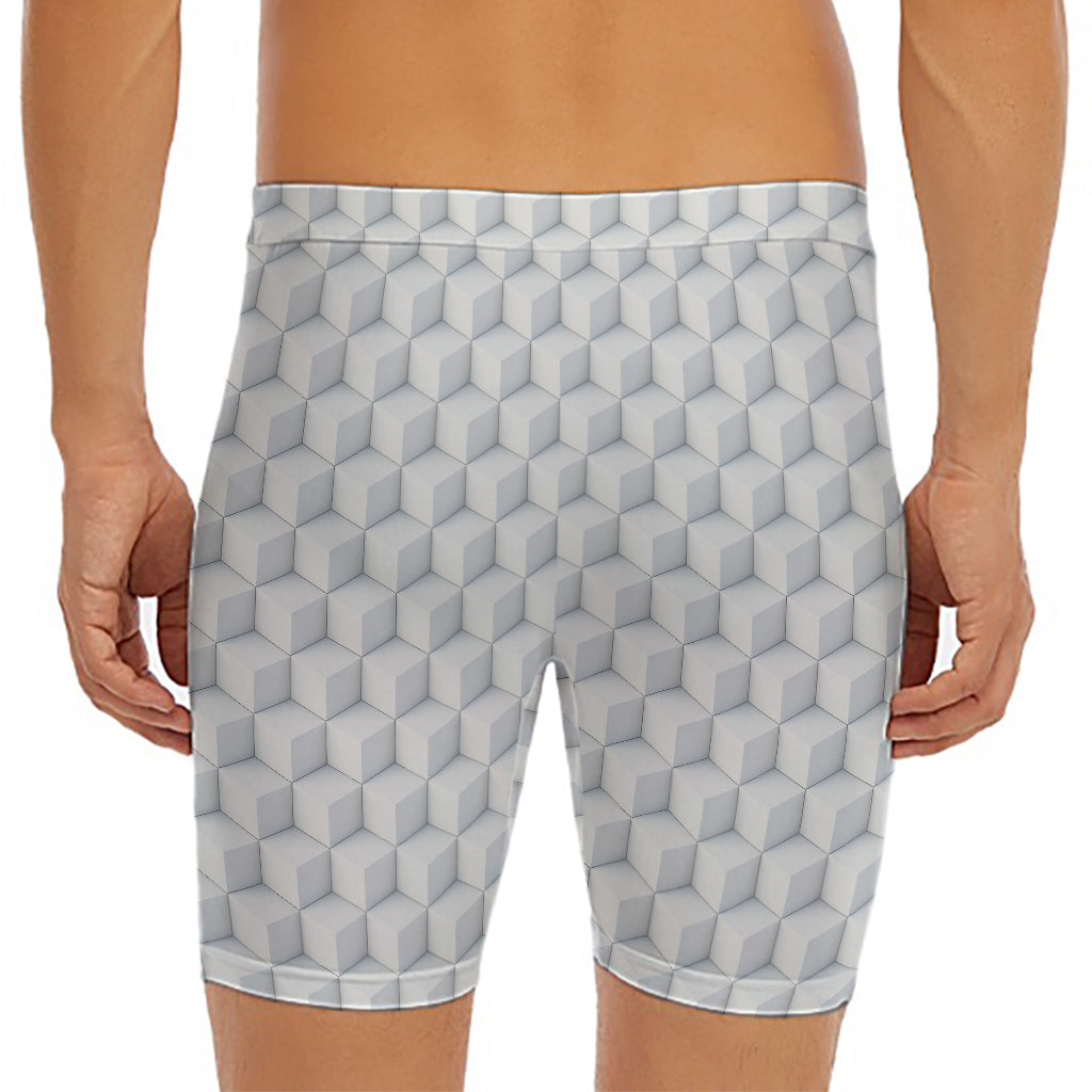 White Geometric Cube Shape Pattern Print Men's Long Boxer Briefs