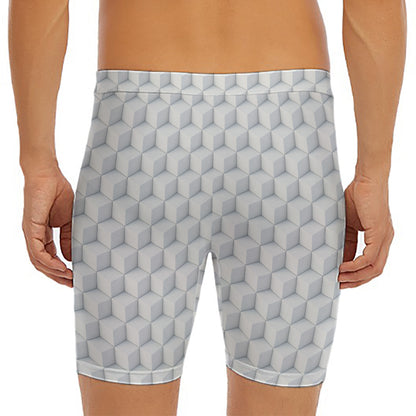 White Geometric Cube Shape Pattern Print Men's Long Boxer Briefs