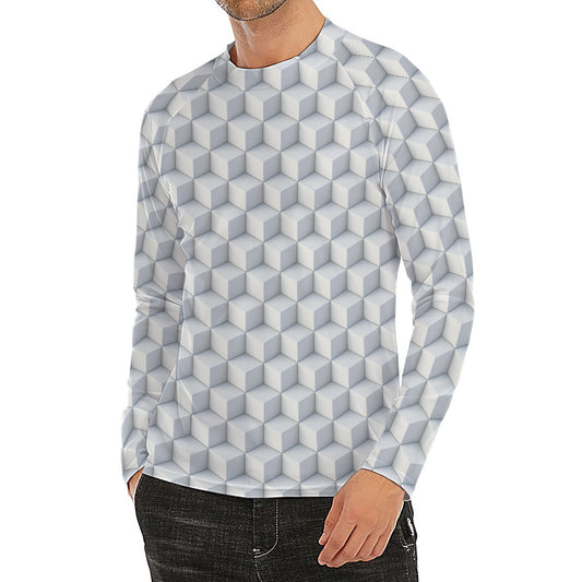 White Geometric Cube Shape Pattern Print Men's Long Sleeve Rash Guard