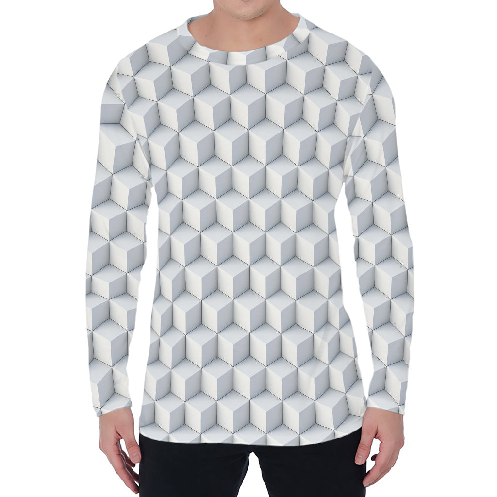 White Geometric Cube Shape Pattern Print Men's Long Sleeve T-Shirt
