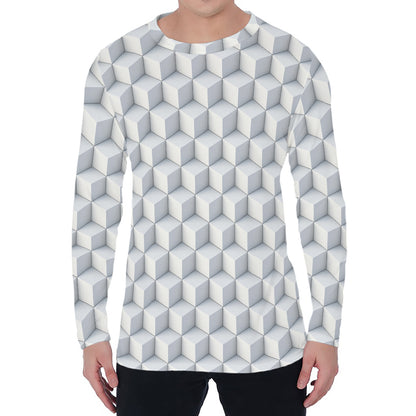 White Geometric Cube Shape Pattern Print Men's Long Sleeve T-Shirt