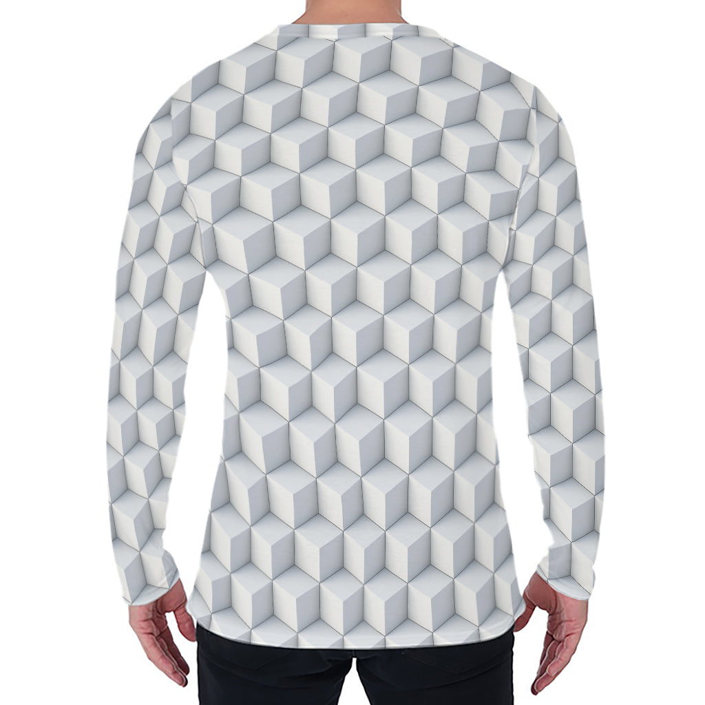 White Geometric Cube Shape Pattern Print Men's Long Sleeve T-Shirt