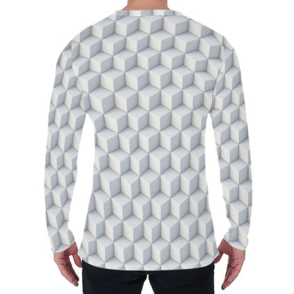 White Geometric Cube Shape Pattern Print Men's Long Sleeve T-Shirt