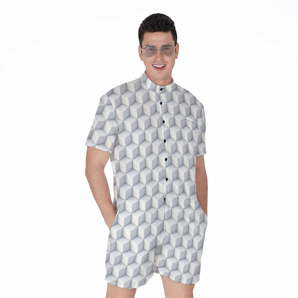 White Geometric Cube Shape Pattern Print Men's Rompers