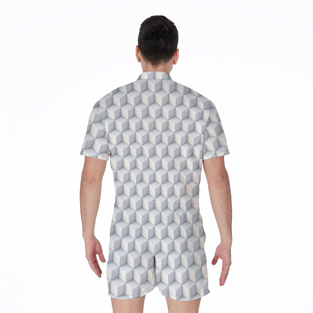 White Geometric Cube Shape Pattern Print Men's Rompers
