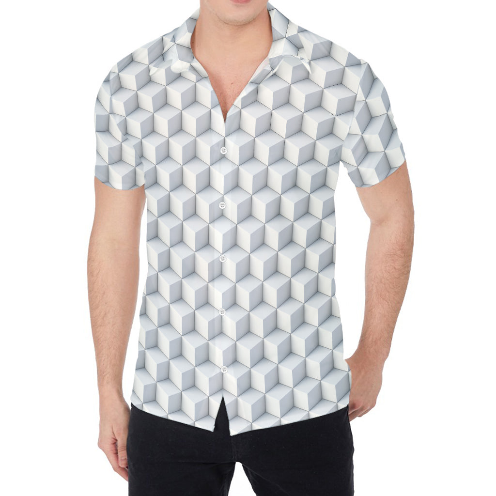 White Geometric Cube Shape Pattern Print Men's Shirt