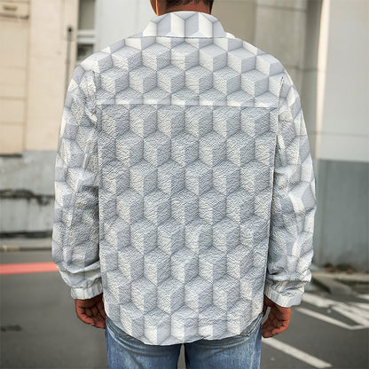 White Geometric Cube Shape Pattern Print Men's Shirt Jacket