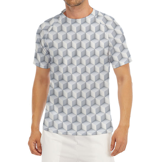 White Geometric Cube Shape Pattern Print Men's Short Sleeve Rash Guard