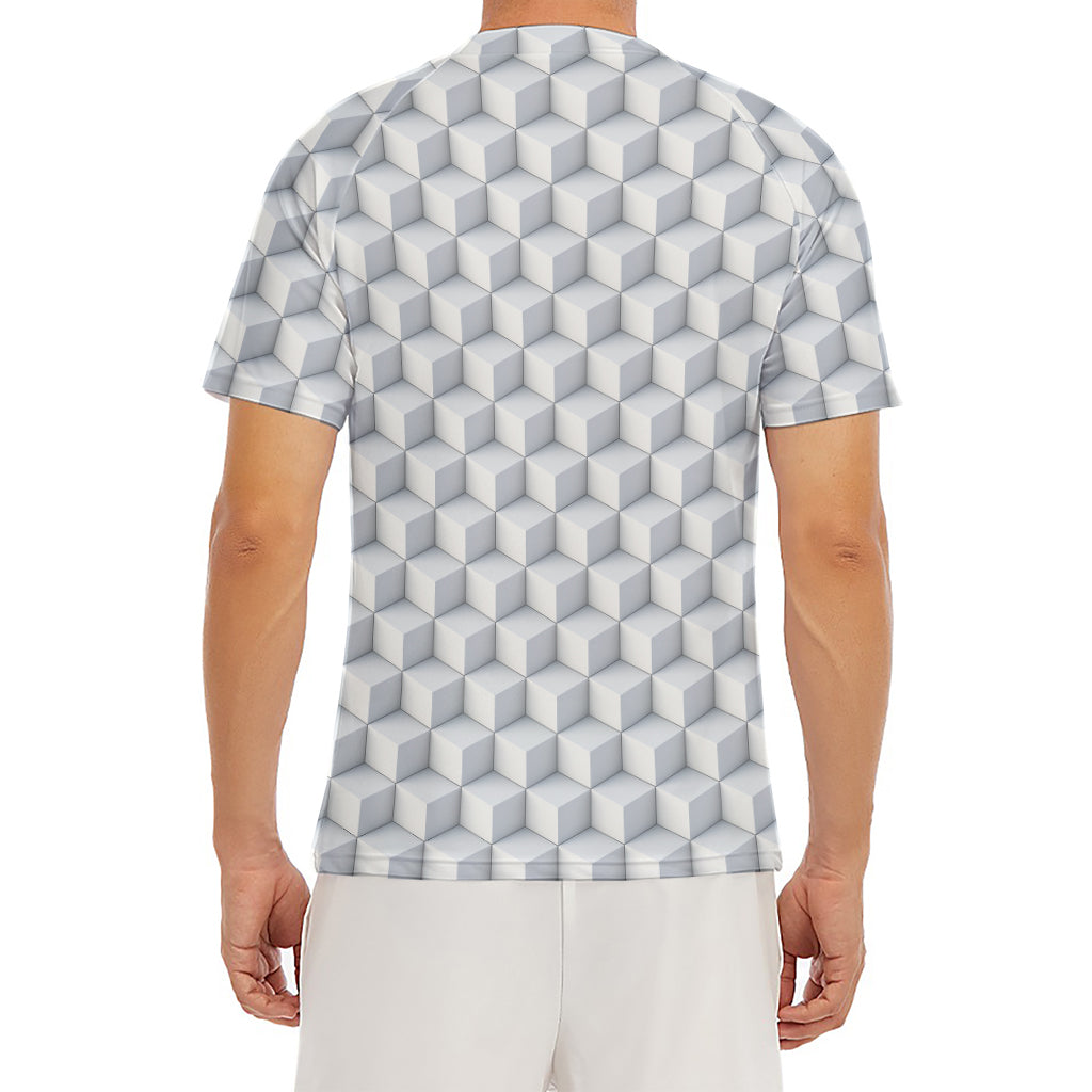 White Geometric Cube Shape Pattern Print Men's Short Sleeve Rash Guard