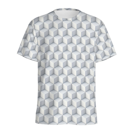 White Geometric Cube Shape Pattern Print Men's Sports T-Shirt