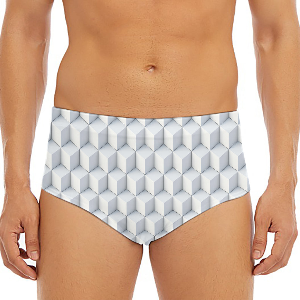 White Geometric Cube Shape Pattern Print Men's Triangle Swim Briefs