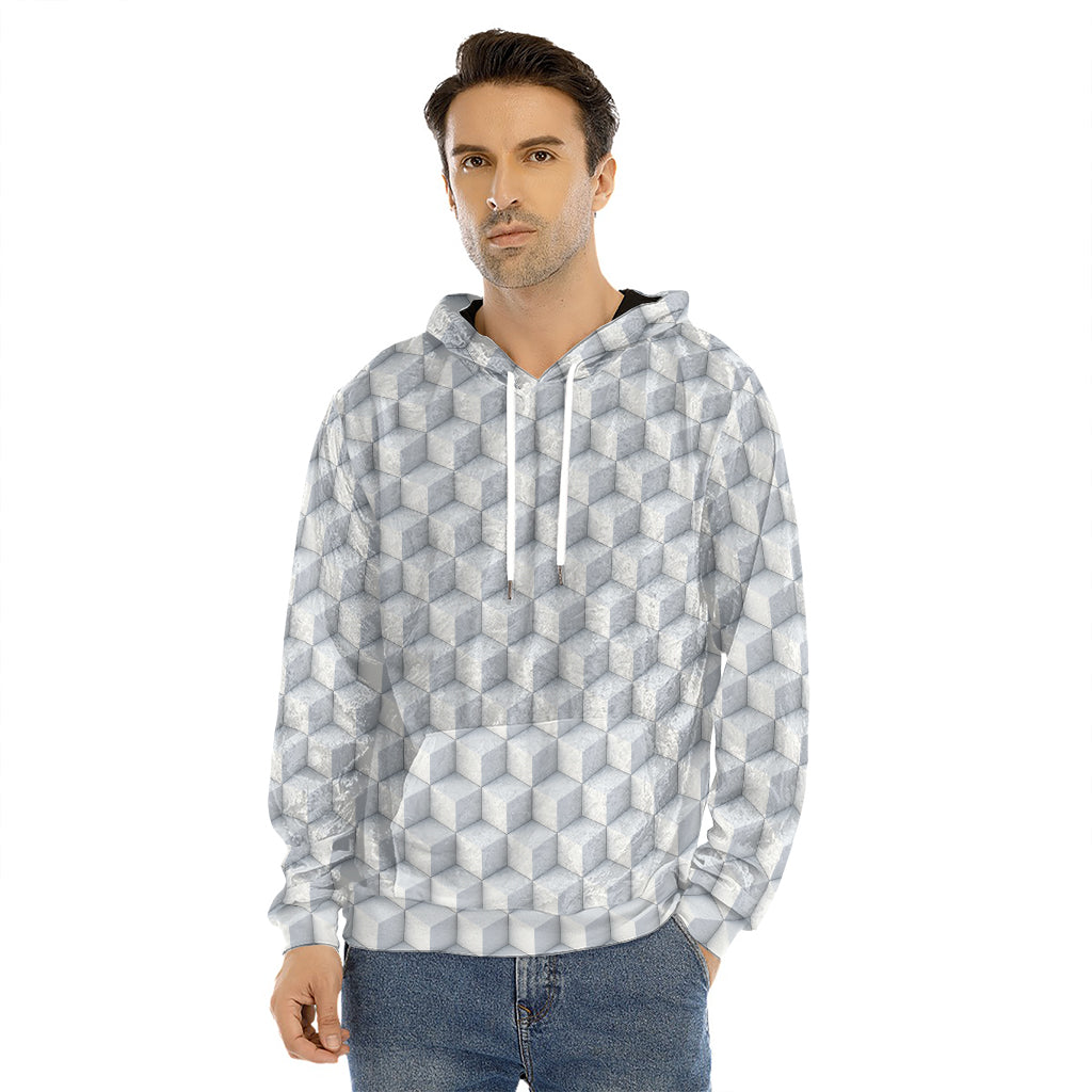 White Geometric Cube Shape Pattern Print Men's Velvet Pullover Hoodie