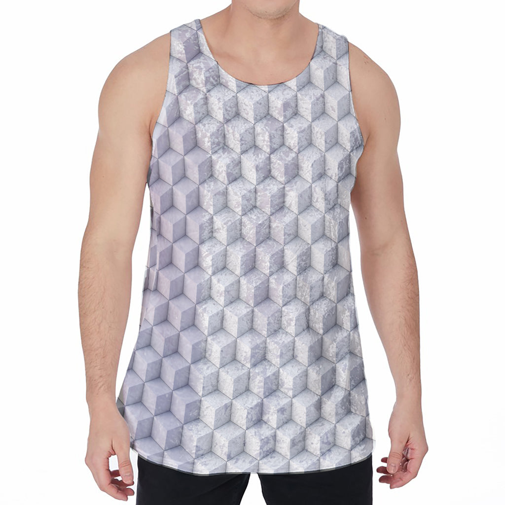 White Geometric Cube Shape Pattern Print Men's Velvet Tank Top