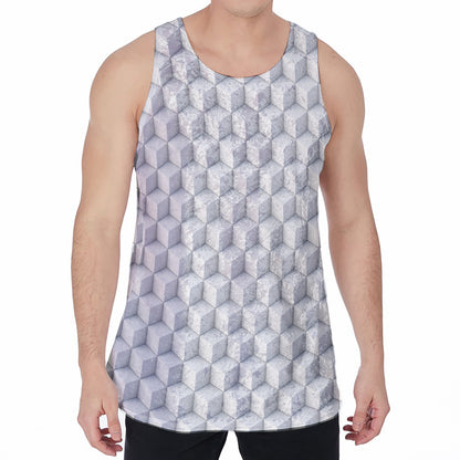 White Geometric Cube Shape Pattern Print Men's Velvet Tank Top