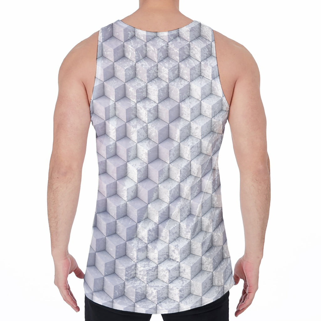 White Geometric Cube Shape Pattern Print Men's Velvet Tank Top