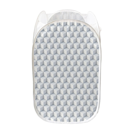 White Geometric Cube Shape Pattern Print Mesh Laundry Hamper