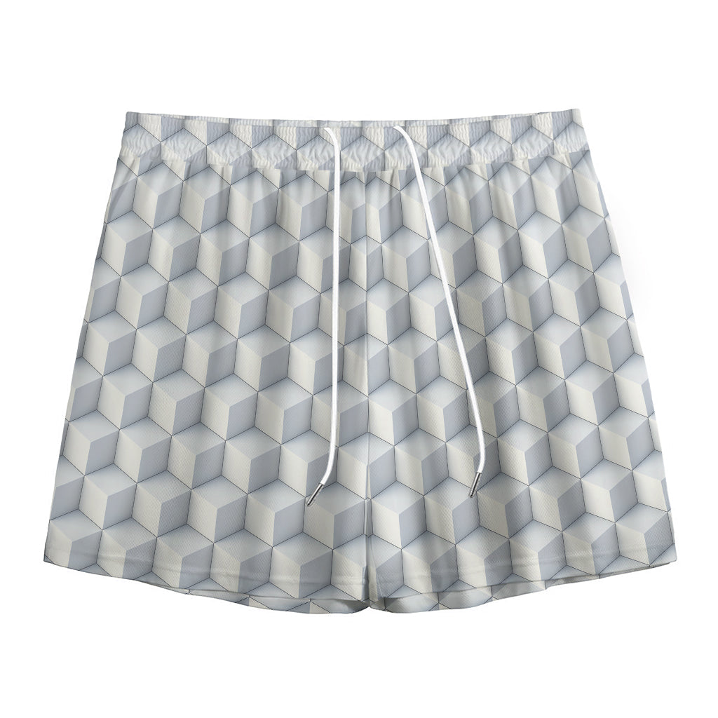 White Geometric Cube Shape Pattern Print Mesh Shorts