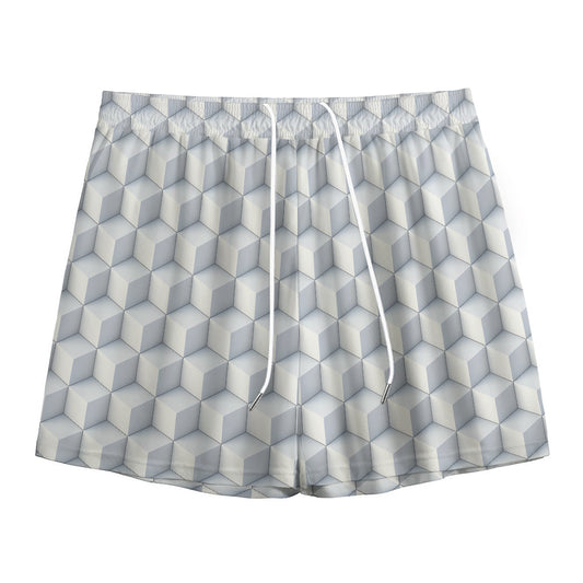 White Geometric Cube Shape Pattern Print Mesh Shorts