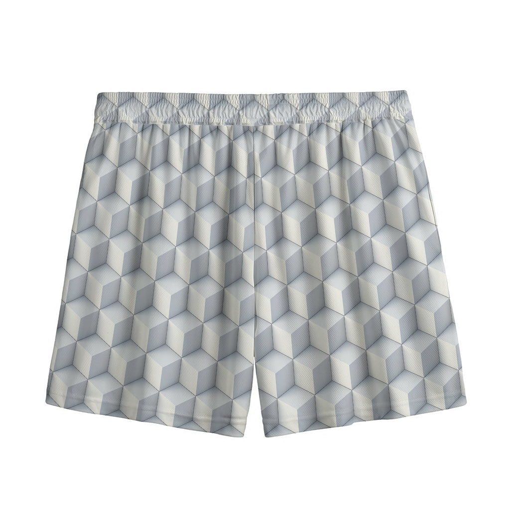 White Geometric Cube Shape Pattern Print Mesh Shorts