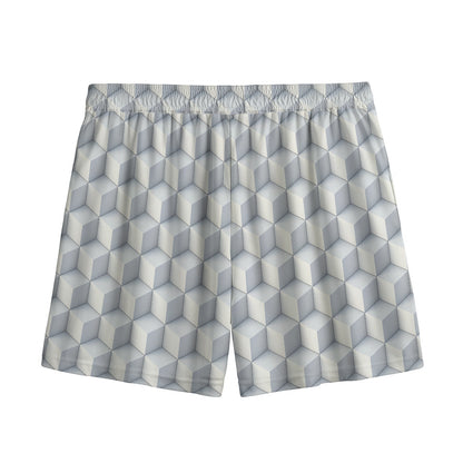 White Geometric Cube Shape Pattern Print Mesh Shorts