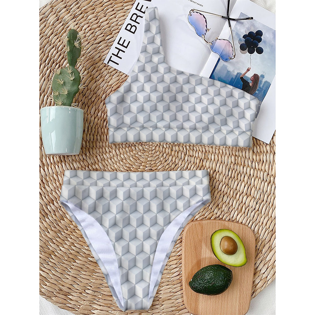 White Geometric Cube Shape Pattern Print One Shoulder Bikini Top
