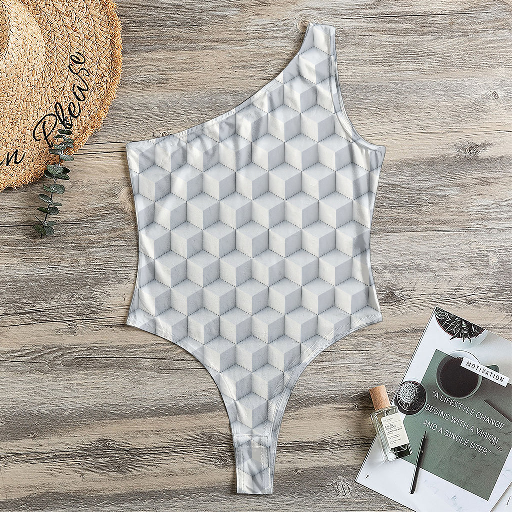 White Geometric Cube Shape Pattern Print One Shoulder Bodysuit