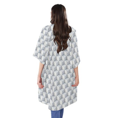 White Geometric Cube Shape Pattern Print Open Front Beach Cover Up