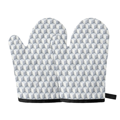 White Geometric Cube Shape Pattern Print Oven Mitts