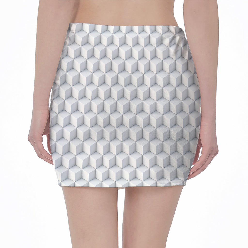White Geometric Cube Shape Pattern Print Pencil Mini Skirt