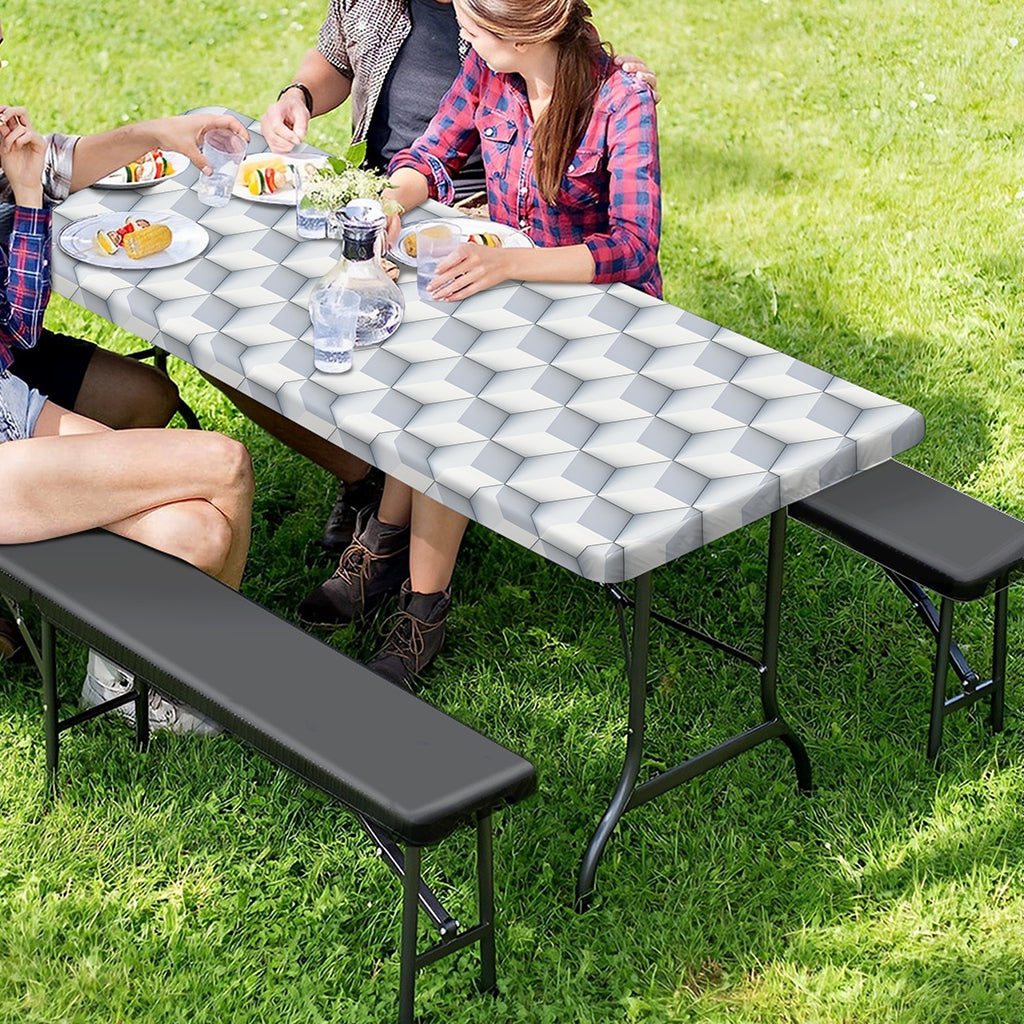 White Geometric Cube Shape Pattern Print Picnic Table Cover
