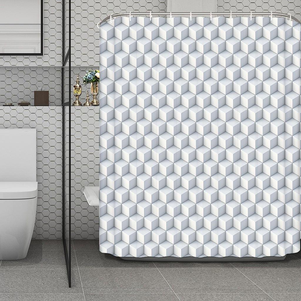 White Geometric Cube Shape Pattern Print Polyester Shower Curtain