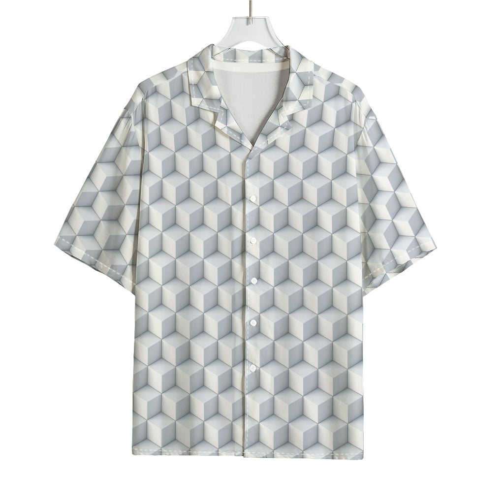 White Geometric Cube Shape Pattern Print Rayon Hawaiian Shirt