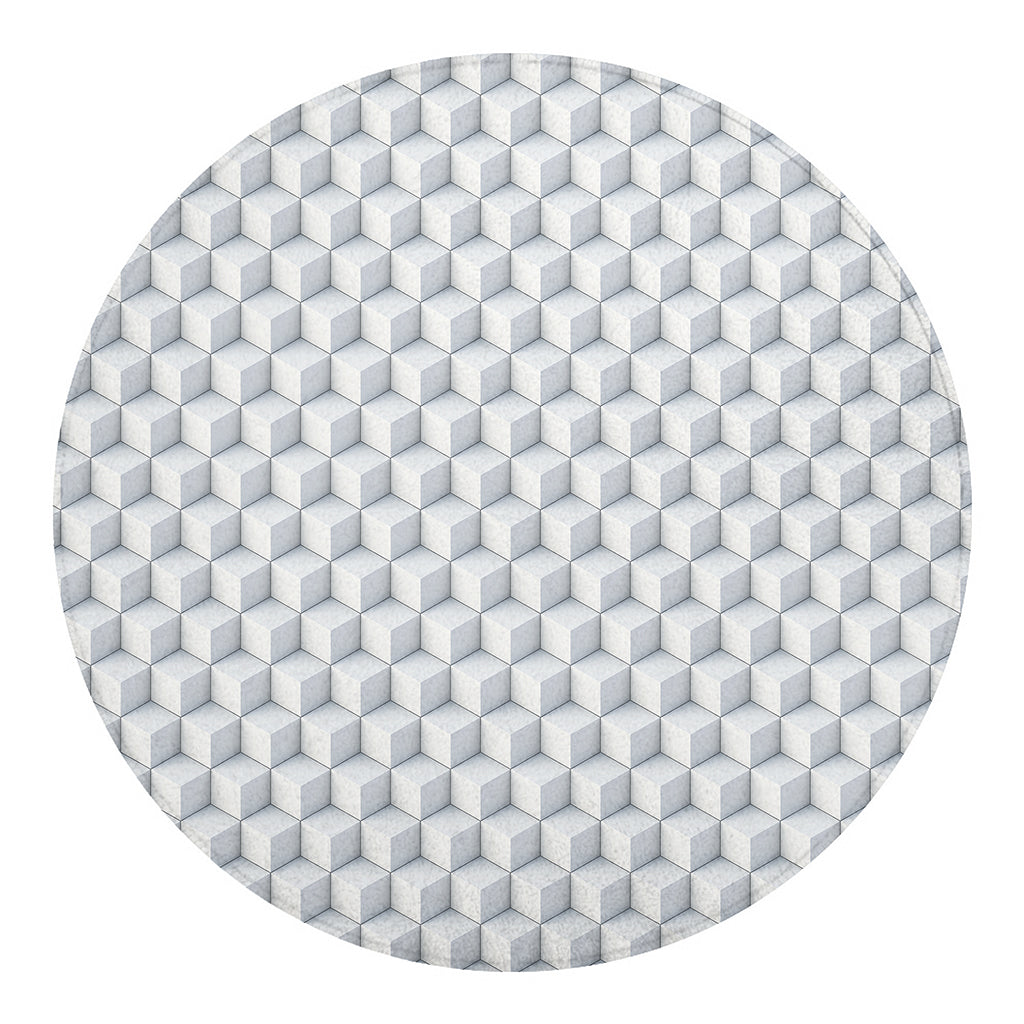 White Geometric Cube Shape Pattern Print Round Blanket