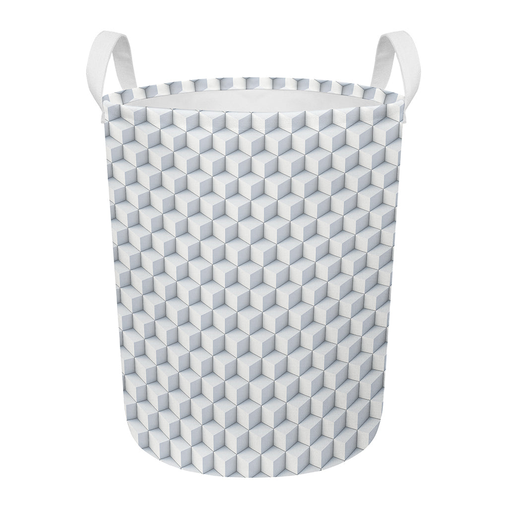 White Geometric Cube Shape Pattern Print Round Laundry Basket