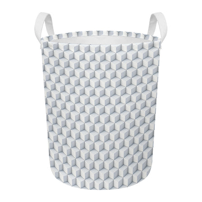 White Geometric Cube Shape Pattern Print Round Laundry Basket