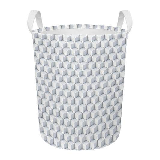 White Geometric Cube Shape Pattern Print Round Laundry Basket
