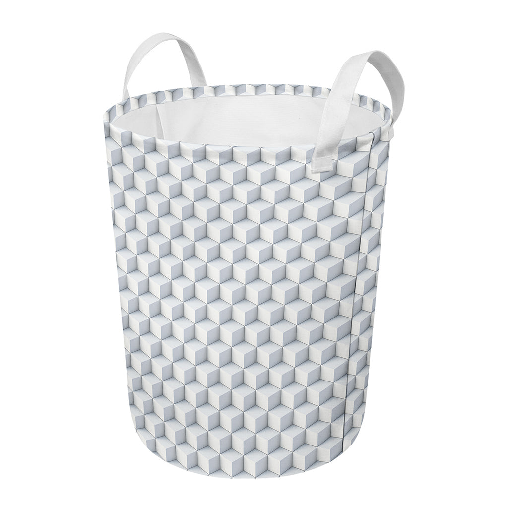 White Geometric Cube Shape Pattern Print Round Laundry Basket