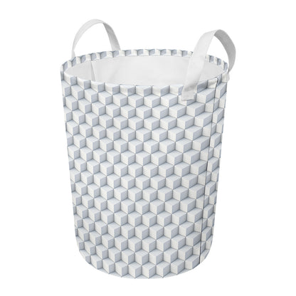 White Geometric Cube Shape Pattern Print Round Laundry Basket