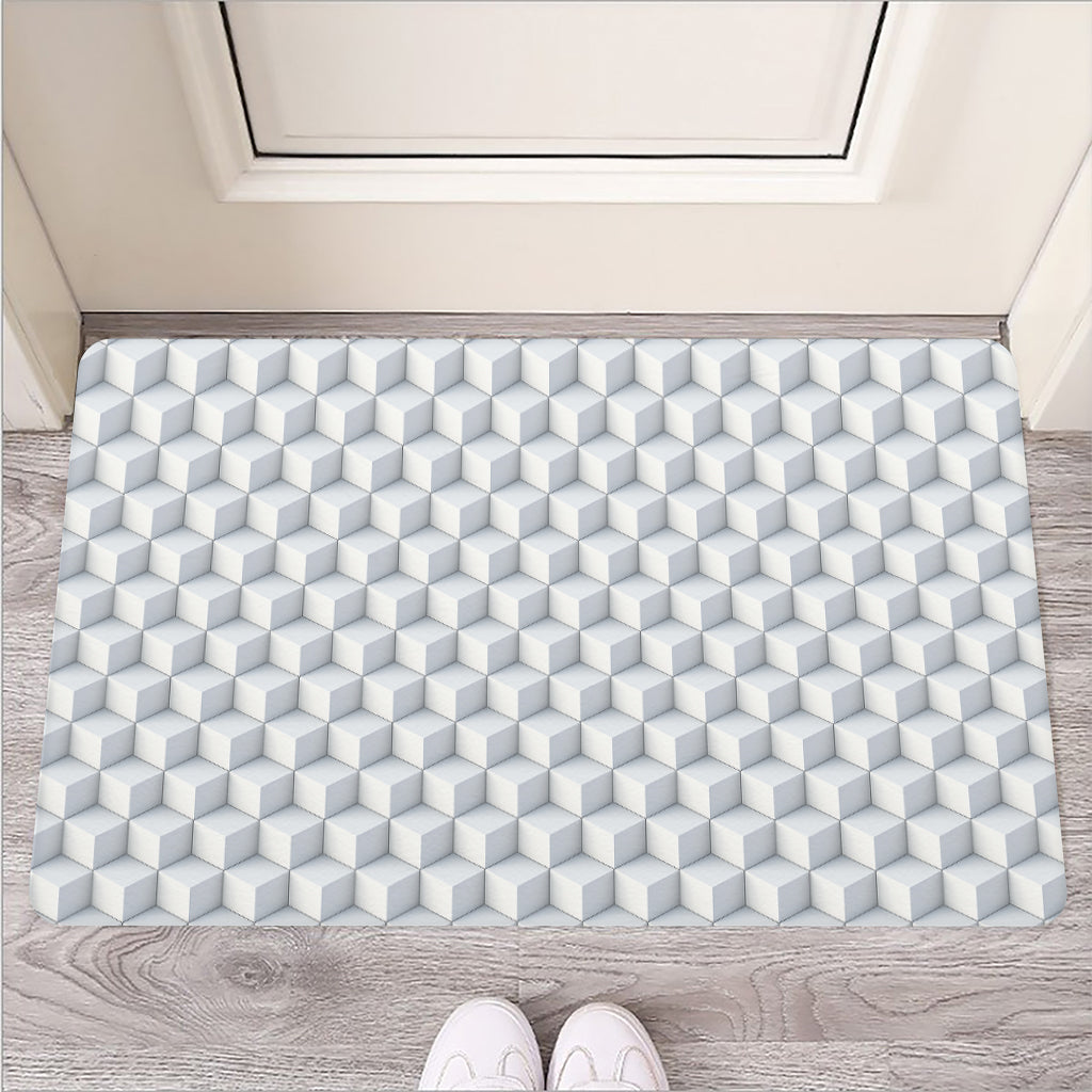 White Geometric Cube Shape Pattern Print Rubber Doormat