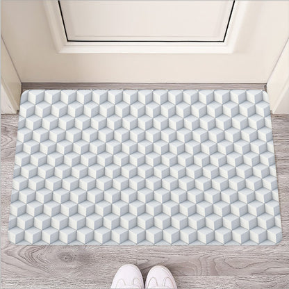White Geometric Cube Shape Pattern Print Rubber Doormat