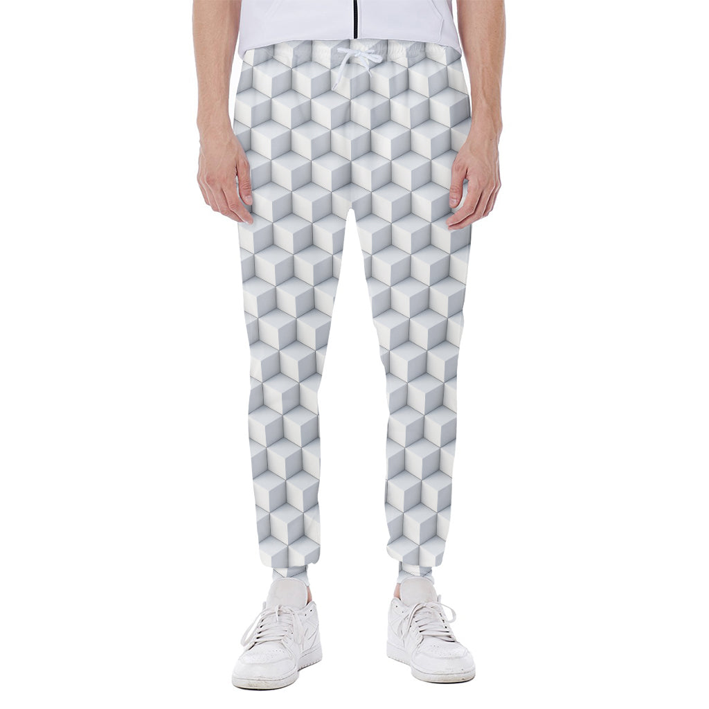 White Geometric Cube Shape Pattern Print Scuba Joggers