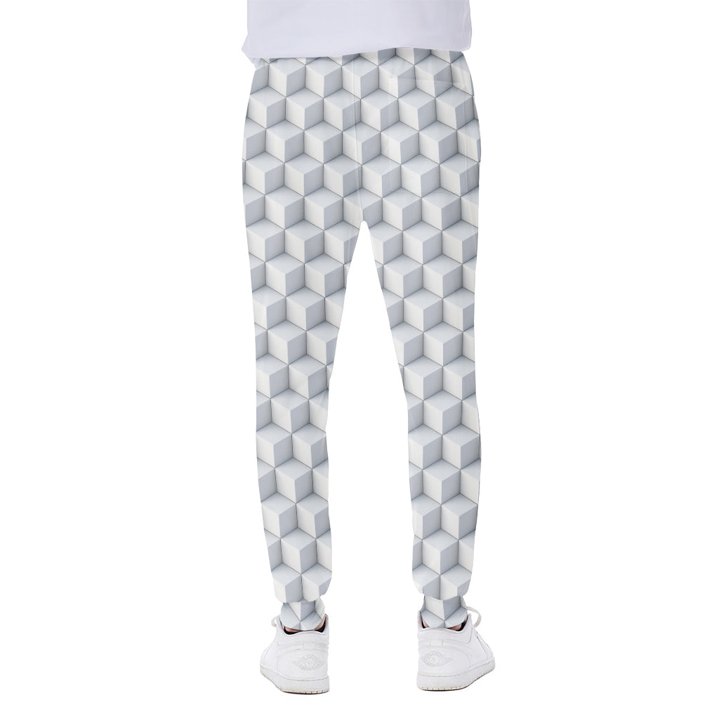 White Geometric Cube Shape Pattern Print Scuba Joggers
